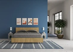 Lit coffre 160x190 avec tête de lit inclinée à lattes en chêne Ankel