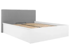 Lit coffre 160x200 avec tête de lit capitonnée ,coloris Blanc brillant/Textile Noir - L. 209,5 x P. 176 x H. 95/40,5 cm