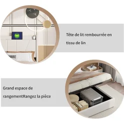 Lit Coffre 140x200 avec USB et Type C, Lit capitonné avec Sommier à Lattes, Lit Double, Beige
