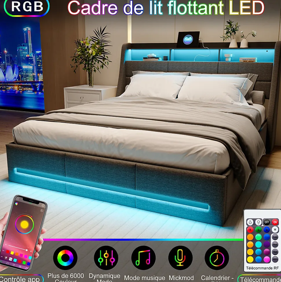Lit coffre 140x200 cm, avec rangement hydraulique, LED multicolore, USB et tête de lit avec prise, Gris