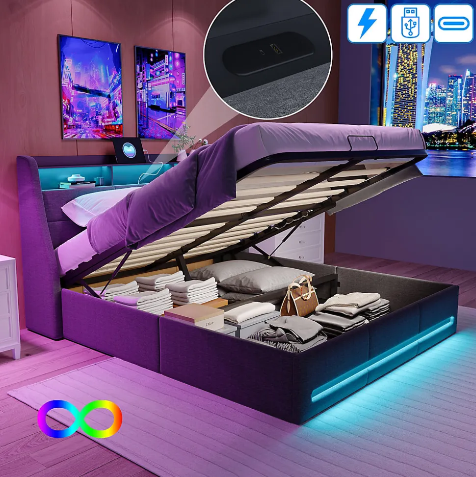 Lit coffre 140x200 cm, avec rangement hydraulique, LED multicolore, USB et tête de lit avec prise, Gris