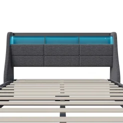 Lit coffre 140x200 cm, avec rangement hydraulique, LED multicolore, USB et tête de lit avec prise, Gris