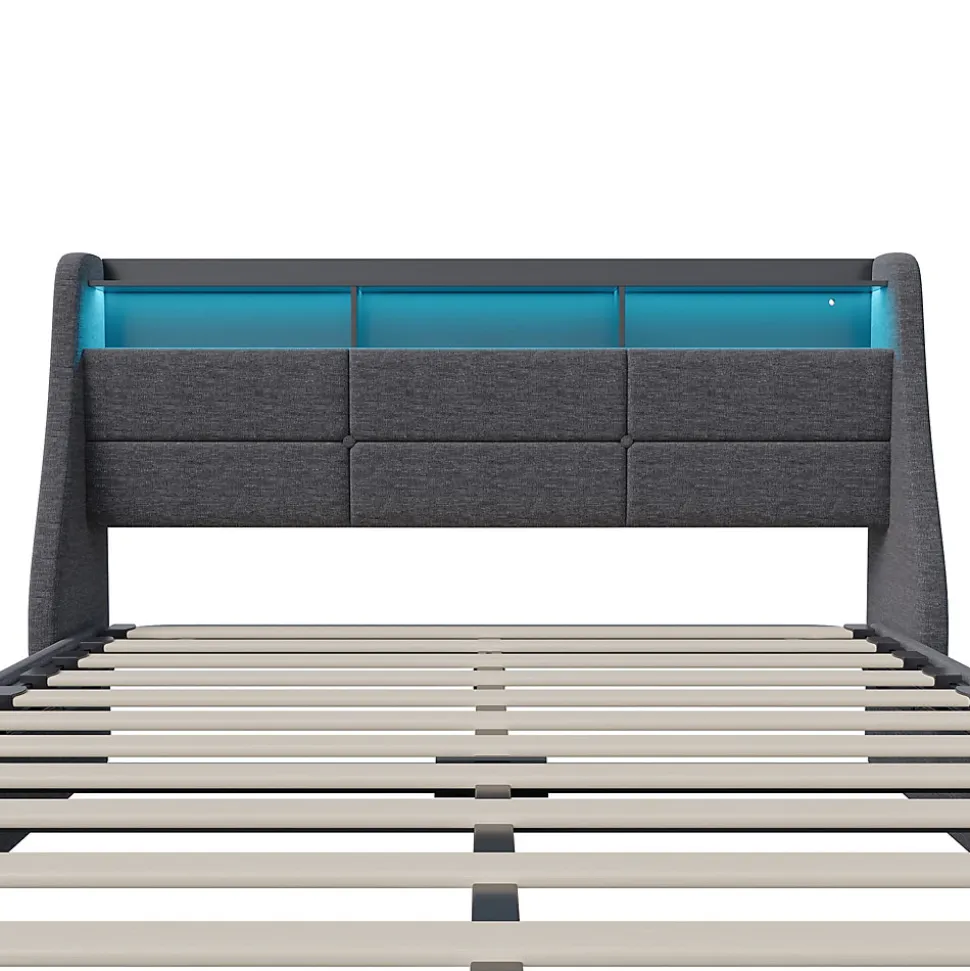 Lit coffre 140x200 cm, avec rangement hydraulique, LED multicolore, USB et tête de lit avec prise, Gris