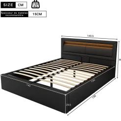 Lit Coffre 140x190 cm - Capitonné avec LED Multicolores et Rangement - Simili Cuir Noir - Sans Matelas