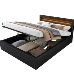 Lit Coffre 140x190 cm - Capitonné avec LED Multicolores et Rangement - Simili Cuir Noir - Sans Matelas