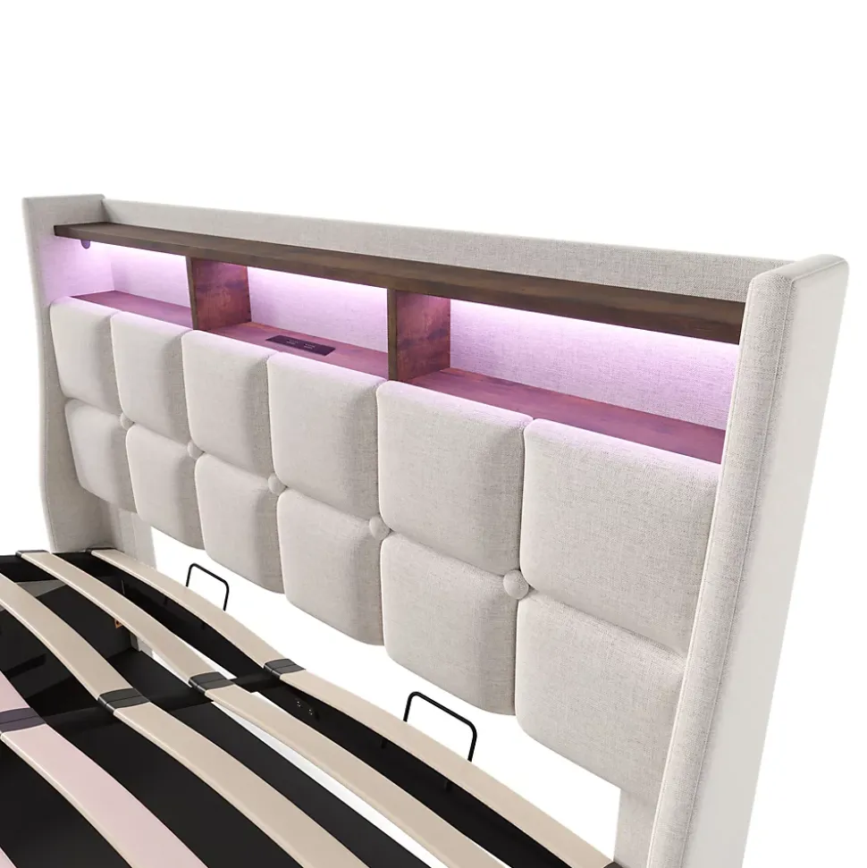Lit coffre 160x200 cm - Lit ados avec USB et LED - Lin - Sans Matelas - Beige
