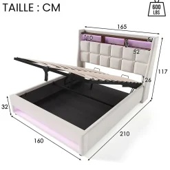 Lit coffre 160x200 cm - Lit ados avec USB et LED - Lin - Sans Matelas - Beige