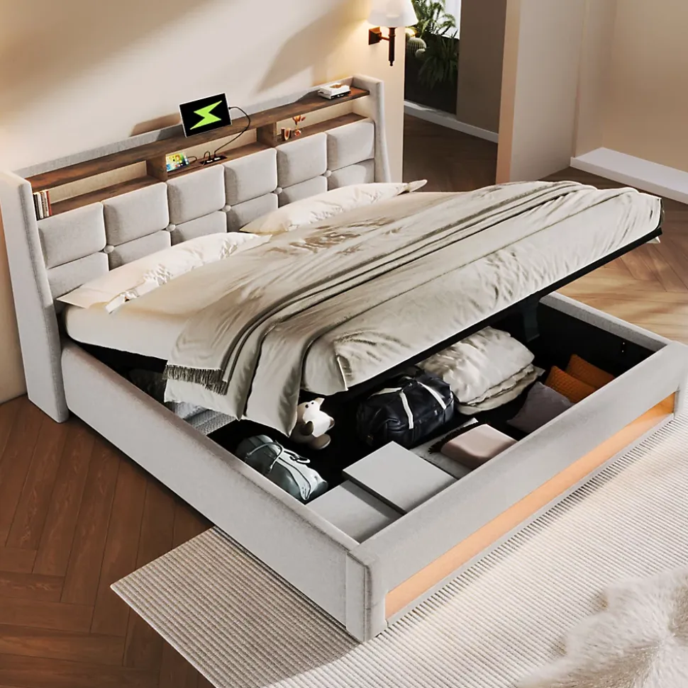 Lit coffre 160x200 cm - Lit ados avec USB et LED - Lin - Sans Matelas - Beige