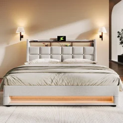 Lit coffre 160x200 cm - Lit ados avec USB et LED - Lin - Sans Matelas - Beige