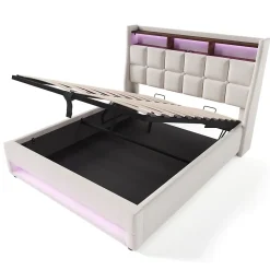 Lit coffre 160x200 cm - Lit ados avec USB et LED - Lin - Sans Matelas - Beige