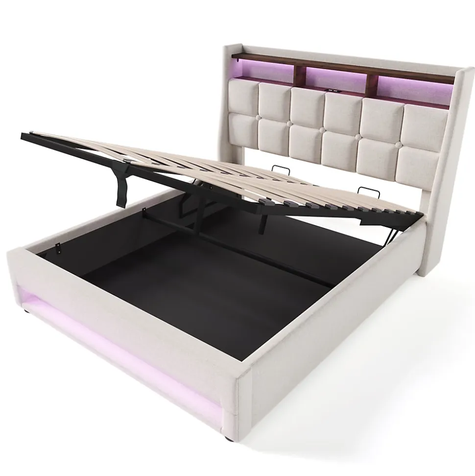 Lit coffre 160x200 cm - Lit ados avec USB et LED - Lin - Sans Matelas - Beige