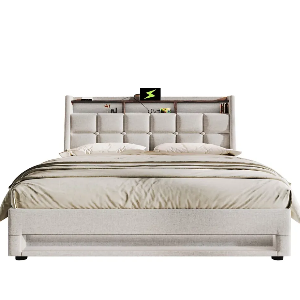 Lit coffre 160x200 cm - Lit ados avec USB et LED - Lin - Sans Matelas - Beige