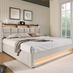 Lit coffre 160x200 cm - Lit ados avec USB et LED - Lin - Sans Matelas - Beige