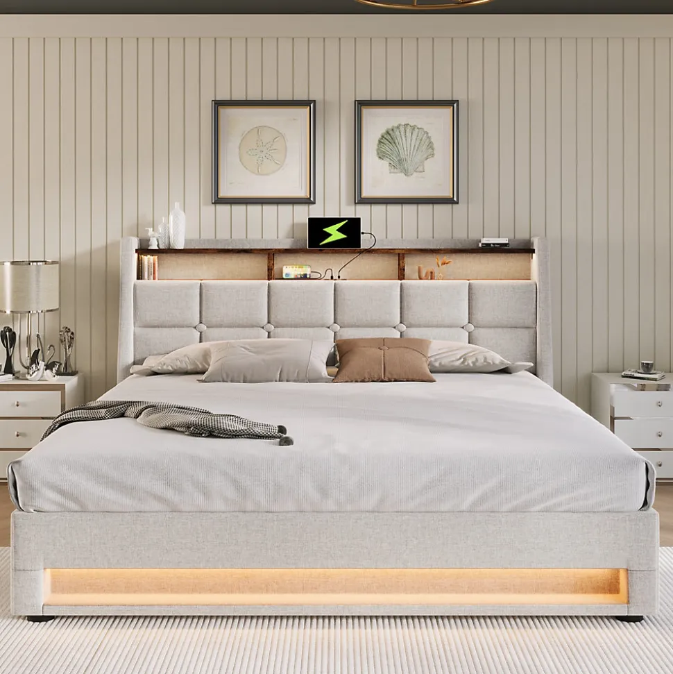 Lit coffre 180x200 cm - Lit ados avec USB et LED - Lin - Sans Matelas - Beige