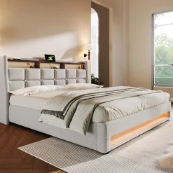 Lit coffre 180x200 cm - Lit ados avec USB et LED - Lin - Sans Matelas - Beige