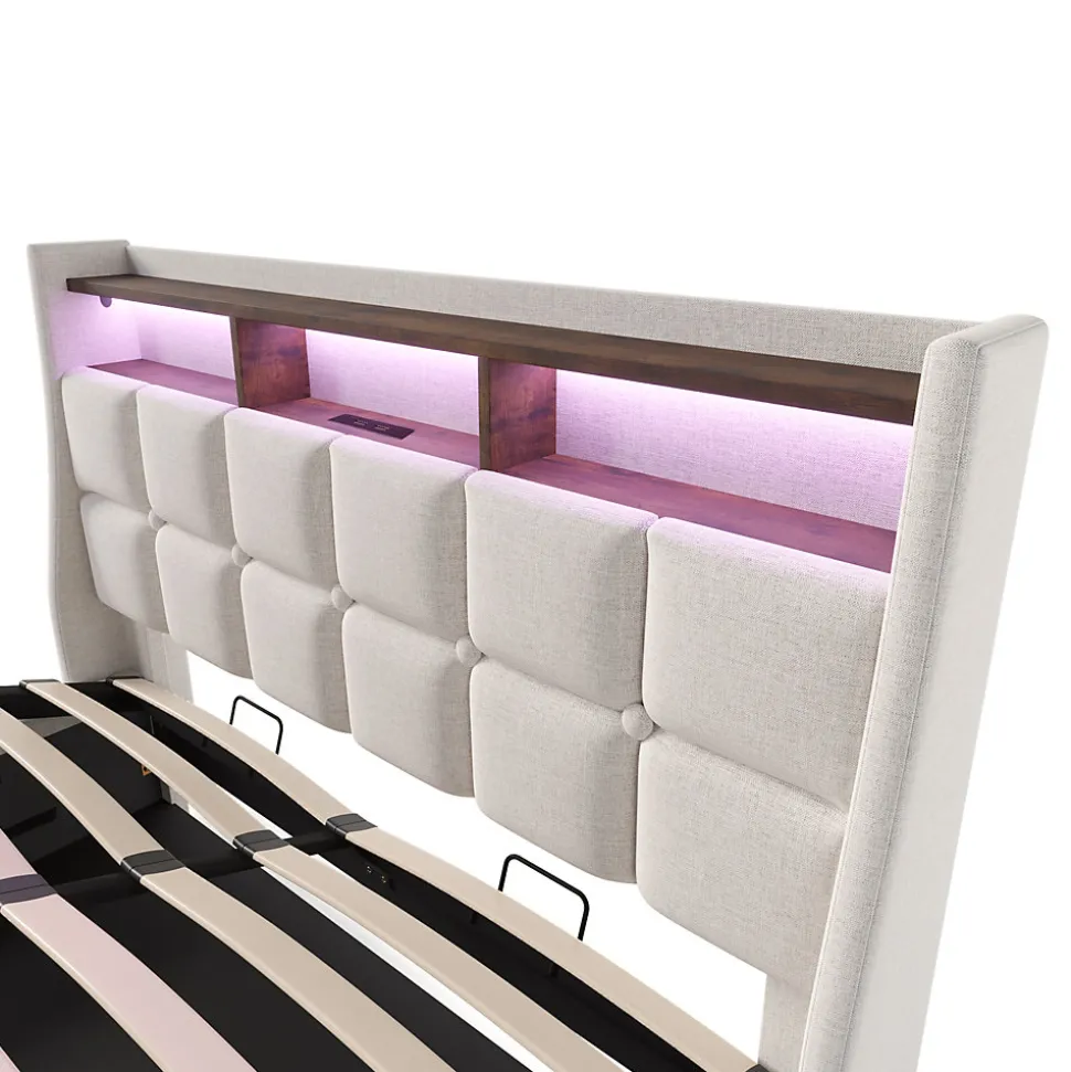 Lit coffre 180x200 cm - Lit ados avec USB et LED - Lin - Sans Matelas - Beige