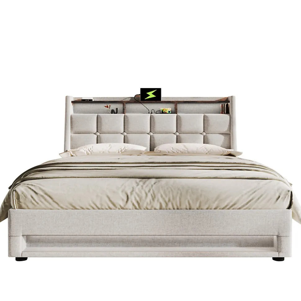 Lit coffre 180x200 cm - Lit ados avec USB et LED - Lin - Sans Matelas - Beige