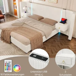 Lit Coffre 180x200 cm - Lit Adulte avec LED et 2 Tiroirs - Velours + MDF - Sans Matelas - Beige