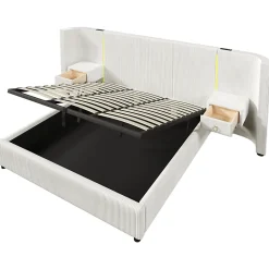 Lit Coffre 180x200 cm - Lit Adulte avec LED et 2 Tiroirs - Velours + MDF - Sans Matelas - Beige