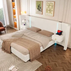 Lit Coffre 180x200 cm - Lit Adulte avec LED et 2 Tiroirs - Velours + MDF - Sans Matelas - Beige