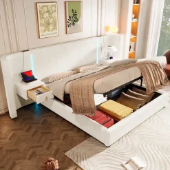 Lit Coffre 180x200 cm - Lit Adulte avec LED et 2 Tiroirs - Velours + MDF - Sans Matelas - Beige