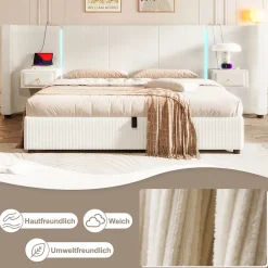 Lit Coffre 180x200 cm - Lit Adulte avec LED et 2 Tiroirs - Velours + MDF - Sans Matelas - Beige