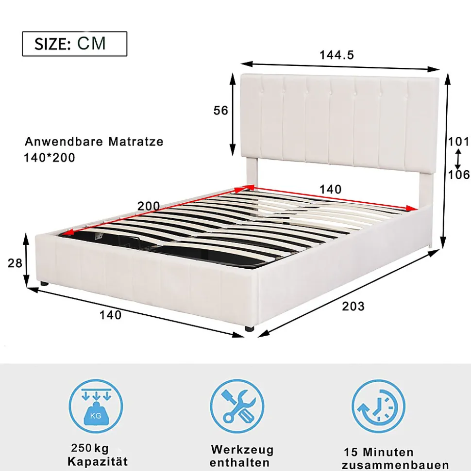 Lit Coffre 140x200 cm - Lit avec Rangement Intégré et Mécanisme Hydraulique, en Velours Blanc, Sans Matelas