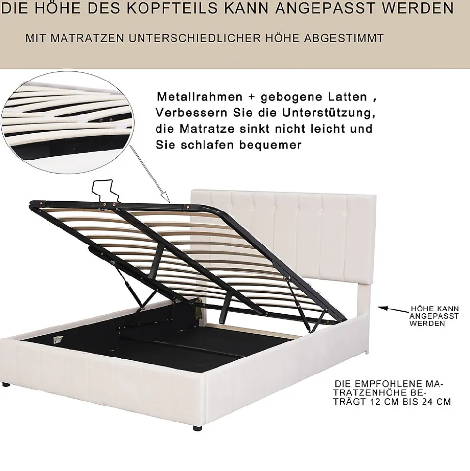 Lit Coffre 140x200 cm - Lit avec Rangement Intégré et Mécanisme Hydraulique, en Velours Blanc, Sans Matelas