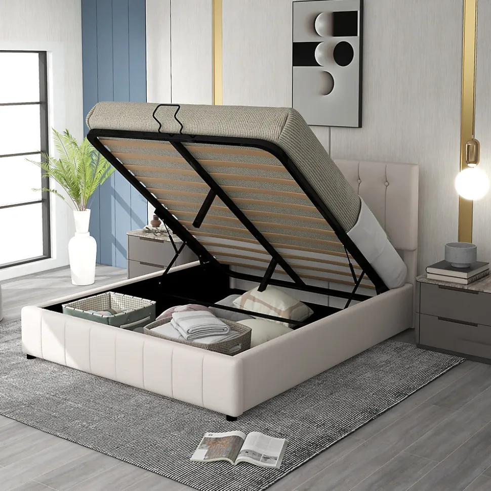 Lit Coffre 140x200 cm - Lit avec Rangement Intégré et Mécanisme Hydraulique, en Velours Blanc, Sans Matelas