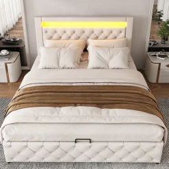 Lit Coffre 140x190 cm - Lit Capitonné avec Rangement et LED, Sommier à Lattes Inclus, Simili Cuir - sans Matelas - Blanc