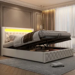 Lit Coffre 140x190 cm - Lit Capitonné avec Rangement et LED, Sommier à Lattes Inclus, Simili Cuir - sans Matelas - Blanc