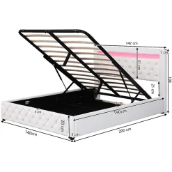 Lit Coffre 140x190 cm - Lit Capitonné avec Rangement et LED, Sommier à Lattes Inclus, Simili Cuir - sans Matelas - Blanc