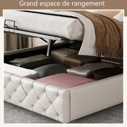 Lit Coffre 140x190 cm - Lit Capitonné avec Rangement et LED, Sommier à Lattes Inclus, Simili Cuir - sans Matelas - Blanc