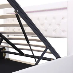 Lit Coffre 140x190 cm - Lit Capitonné avec Rangement et LED, Sommier à Lattes Inclus, Simili Cuir - sans Matelas - Blanc