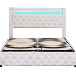 Lit Coffre 140x190 cm - Lit Capitonné avec Rangement et LED, Sommier à Lattes Inclus, Simili Cuir - sans Matelas - Blanc
