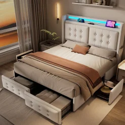 Lit coffre 160x200 cm - Lit capitonné double avec 4 tiroirs et USB-C - Coton - Sans Matelas - Beige