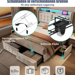 Lit coffre 160x200 cm - Lit capitonné double avec 4 tiroirs et USB-C - Coton - Sans Matelas - Beige