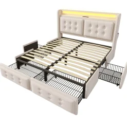 Lit coffre 160x200 cm - Lit capitonné double avec 4 tiroirs et USB-C - Coton - Sans Matelas - Beige