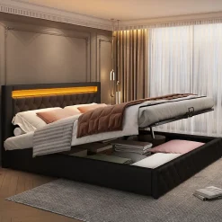 Lit Coffre 140x190 cm - Lit Capitonné avec Rangement et LED, Sommier à Lattes Inclus, Simili Cuir - sans Matelas - Noir