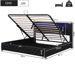 Lit Coffre 140x190 cm - Lit Capitonné avec Rangement et LED, Sommier à Lattes Inclus, Simili Cuir - sans Matelas - Noir