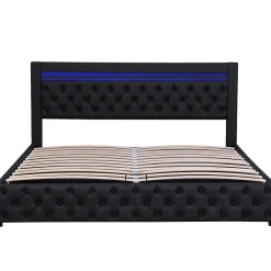 Lit Coffre 140x190 cm - Lit Capitonné avec Rangement et LED, Sommier à Lattes Inclus, Simili Cuir - sans Matelas - Noir
