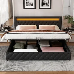 Lit Coffre 140x190 cm - Lit Capitonné avec Rangement et LED, Sommier à Lattes Inclus, Simili Cuir - sans Matelas - Noir