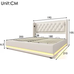 Lit coffre 180x200 cm - Lit coffre hydraulique avec USB Type-C et LED - PU - Sans Matelas - Blanc