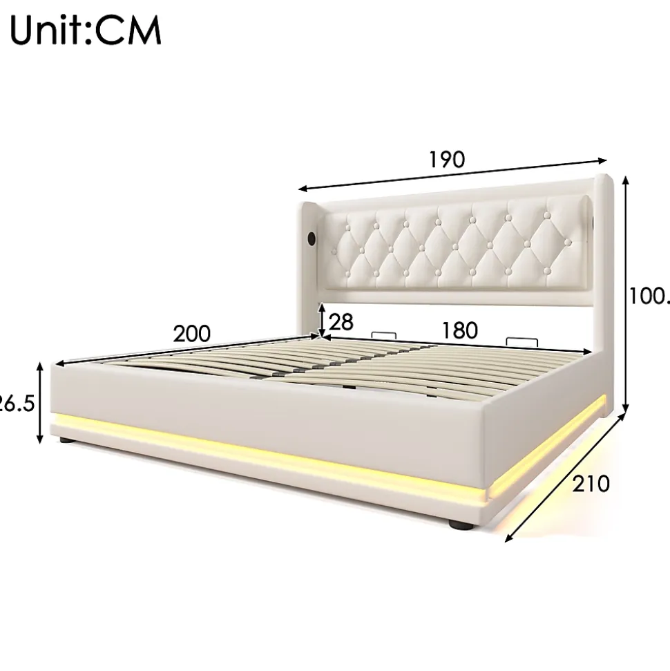 Lit coffre 180x200 cm - Lit coffre hydraulique avec USB Type-C et LED - PU - Sans Matelas - Blanc