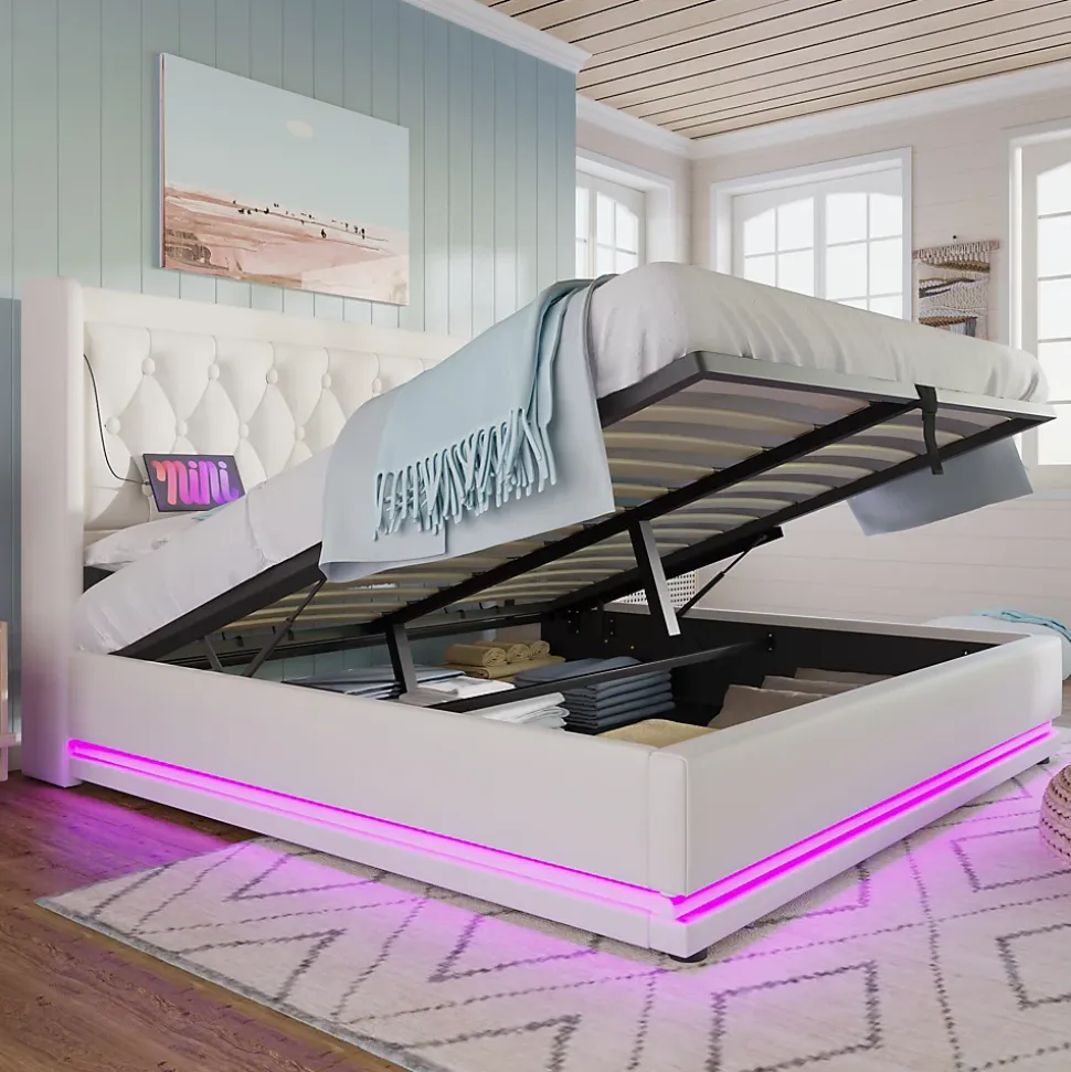 Lit coffre 180x200 cm - Lit coffre hydraulique avec USB Type-C et LED - PU - Sans Matelas - Blanc