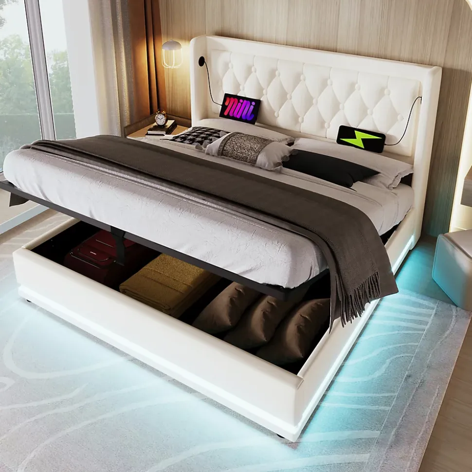 Lit coffre 180x200 cm - Lit coffre hydraulique avec USB Type-C et LED - PU - Sans Matelas - Blanc