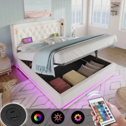 Lit coffre 180x200 cm - Lit coffre hydraulique avec USB Type-C et LED - PU - Sans Matelas - Blanc