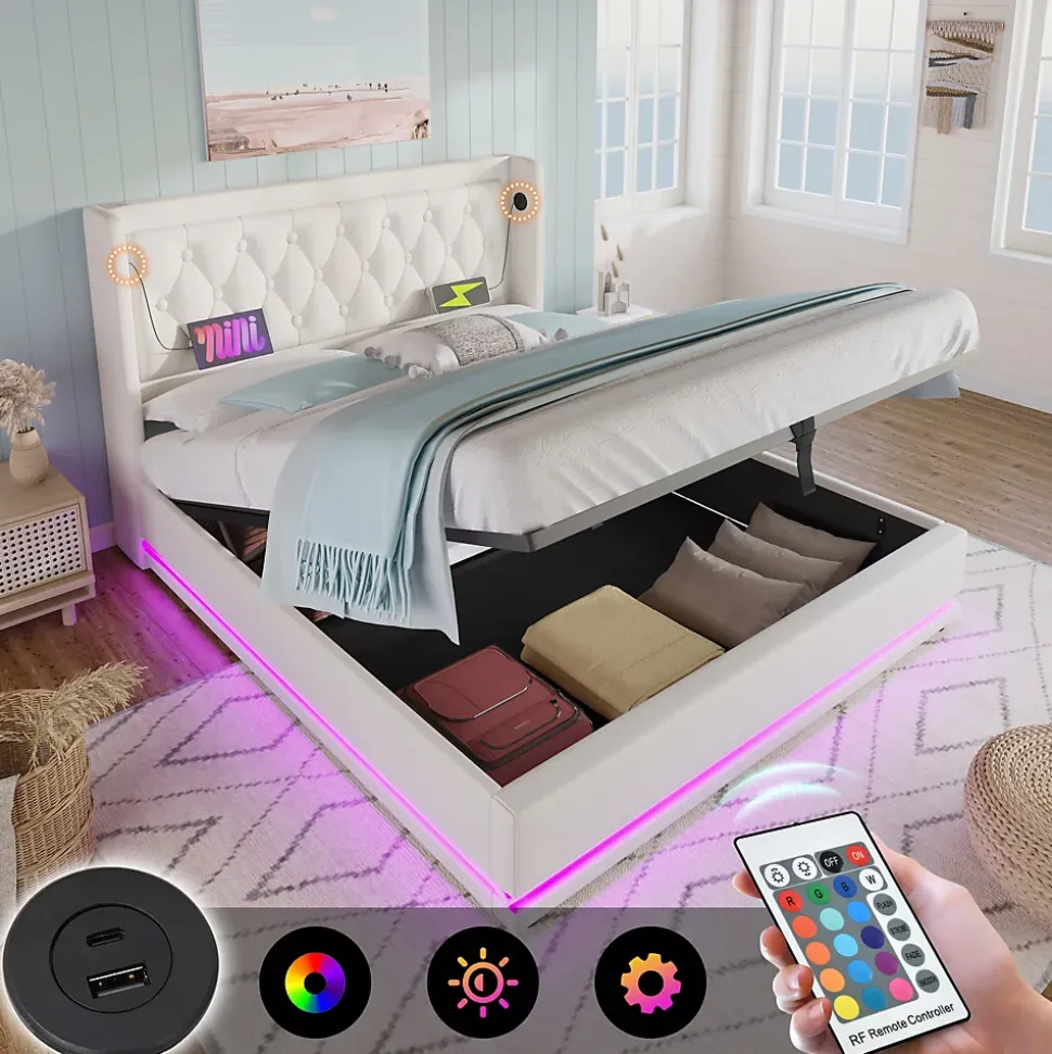 Lit coffre 180x200 cm - Lit coffre hydraulique avec USB Type-C et LED - PU - Sans Matelas - Blanc