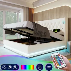 Lit coffre 180x200 cm - Lit coffre hydraulique avec USB Type-C et LED - PU - Sans Matelas - Blanc