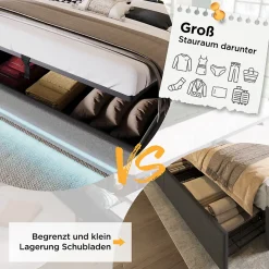 Lit coffre 160x200 cm - Lit coffre hydraulique avec USB Type-C - Coton - Sans Matelas - Gris